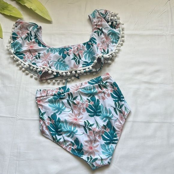 ⭐️tassel Halter Palm Print Off Shoulder Flounced Ruched High Waist Bikini Set⭐️ - Picture 10 of 12